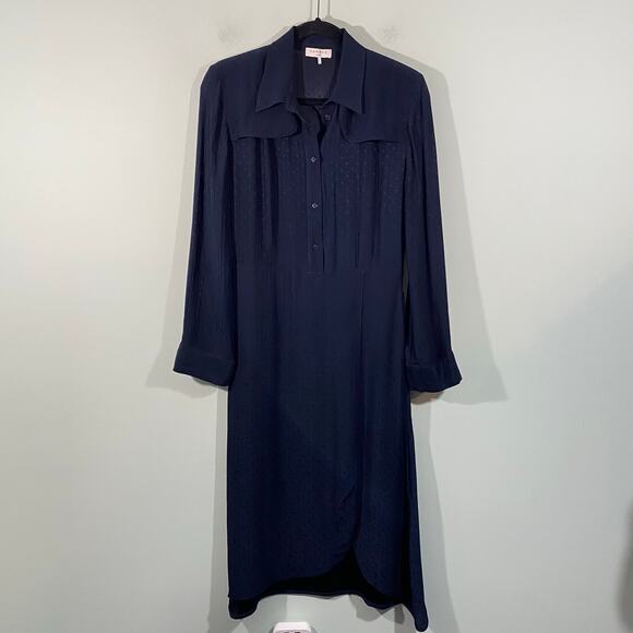 Sandro Paris Women Navy Swiss Dot Long Sleeve Button Up Midi Shirt Dress Size 38 - Picture 1 of 10